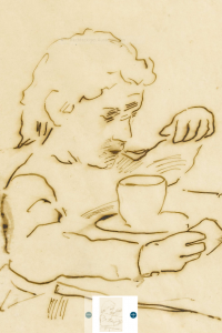 Tuschfederzeichnung von Albert Anker "Kleines Mädchen aus einer Tasse löffelnd"